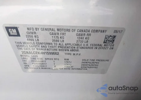 2017 Chevrolet Equinox Lt from USA, damaged, VIN 2GNALCEK4H1599662